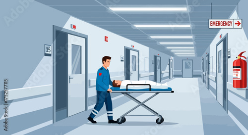 Medical Professional Transporting Patient on Gurney in Hospital Emergency Room.