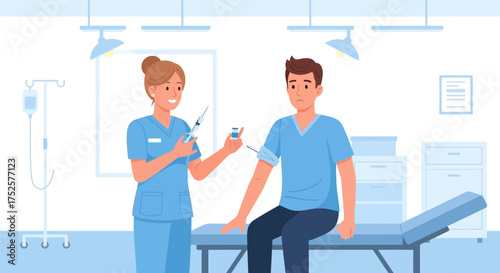Nurse administering vaccine to patient in clinic setting.