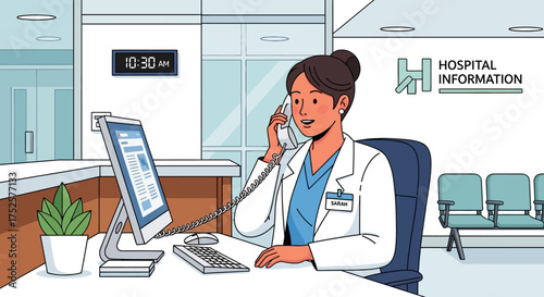 Doctor Answering Phone at Hospital Reception Desk.