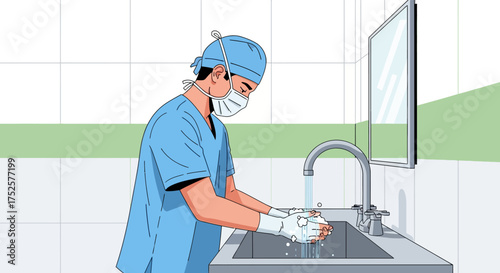 Surgeon meticulously washing hands before operation, ensuring hygiene.