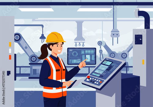 A female engineer in a hard hat operates robotic arms in a modern factory setting, using a control panel and tablet.