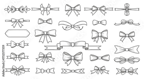 Collection of decorative bows and ribbons for design elements and ornaments.