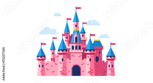 A fairytale castle with blue turrets and pink walls topped with flags and clouds.