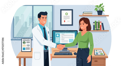 Doctor and Patient Shaking Hands in Consultation Room.