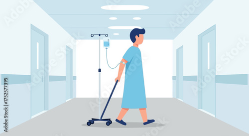 Patient Walking with IV Drip in Hospital Corridor.