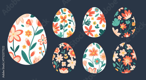 Beautifully decorated Easter eggs featuring vibrant floral patterns and springtime colors.