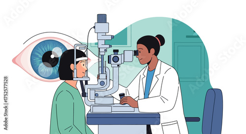 Eye Exam - Doctor Examining Patient with Slit Lamp Microscope.