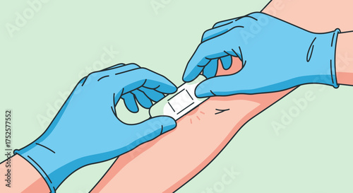 Applying a Bandage to Arm with Blue Gloves.