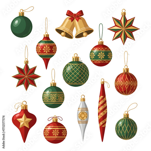 Vector images of various Christmas ornaments such as hanging balls, bells, stars, and trinkets