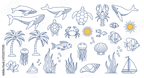 A collection of delightful hand-drawn marine life and oceanic elements for your creative projects.