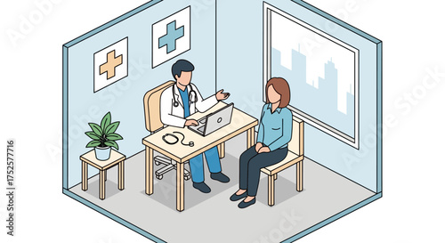 Doctor Consulting with Patient in Office Isometric Illustration.