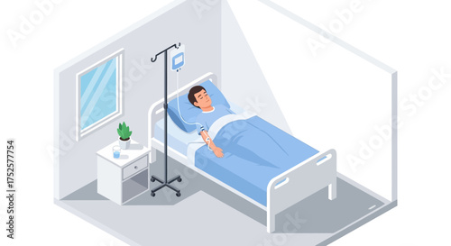 Patient in Hospital Bed Receiving IV Treatment Illustration.