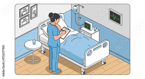 Nurse Reviewing Patient Chart in Hospital Room Illustration.