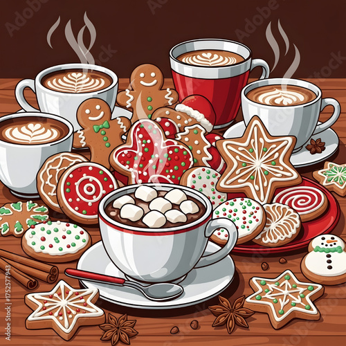  Illustrations of gingerbread cookies, Christmas cookies, hot chocolate with marshmallows, and steaming cups of coffee, in a mouth-watering vector style