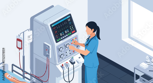 Medical Professional Operating Ventilator in Hospital Room.