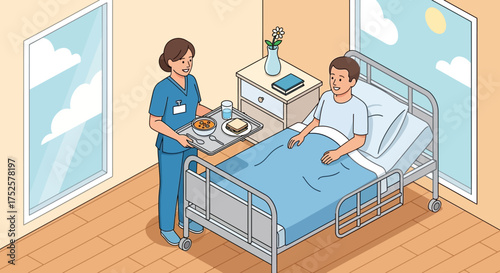 Nurse Serving Meal to Patient in Hospital Bed.