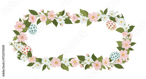 A delicate oval frame adorned with pink and white blossoms and festive patterned Easter eggs.