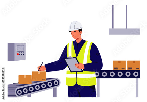 A worker in a hard hat and safety vest inspects boxes on a conveyor belt, holding a clipboard and pen.