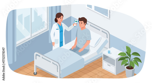 Doctor Checking Patients Temperature in Hospital Room.