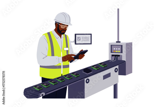 An African American male worker in safety gear uses a tablet to inspect products on a conveyor belt in a factory setting.