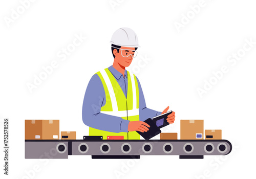 A worker in a hard hat and safety vest inspects packages moving along a conveyor belt, holding a clipboard.