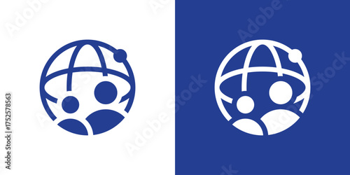 Modern logo combining a globe and people, symbolizing unity, teamwork, and global connection technology