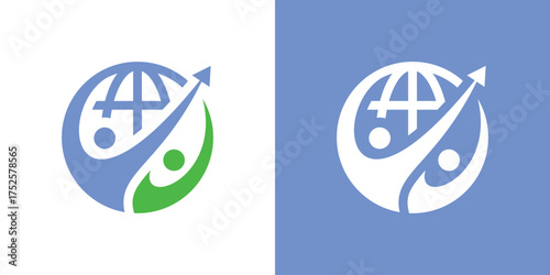 Modern logo combining a globe and people figures, symbolizing unity, teamwork, and global connection. Perfect for community, social, education, or international organization branding.