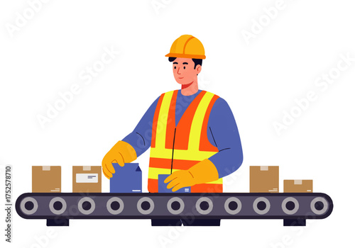 Cartoon illustration of a factory worker in safety gear placing boxes on a conveyor belt.