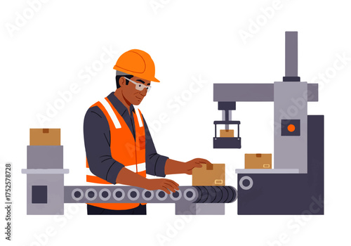 A worker in safety gear places a cardboard box on a conveyor belt next to an automated industrial machine.