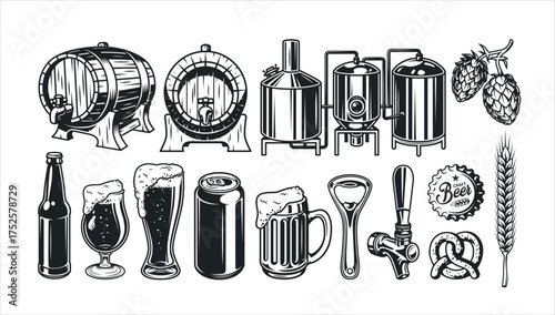Craft Brew Essentials: An artful illustration capturing the essence of craft beer production, showcasing barrels, brewing equipment, glasses, bottles, and accompanying accessories in a classic.