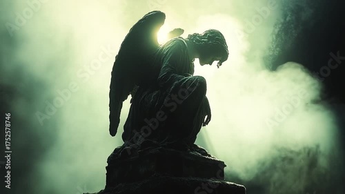 Silhouette of a Mourning Angel Statue in Foggy Atmosphere.