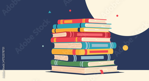 A tall stack of colorful books awaits knowledge seekers.