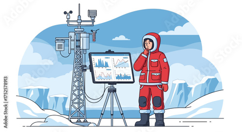 Analyzing arctic weather station data trends with pensive researcher in red suit