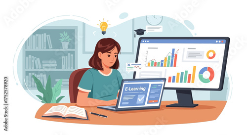 Conceptual illustration of a student learning through online education platform
