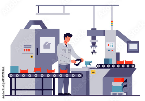 A factory worker oversees an automated assembly line with a robotic arm placing items onto a conveyor belt system.