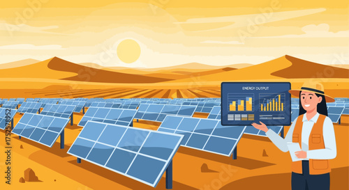 Woman presenting energy output in solar panel field with desert landscape