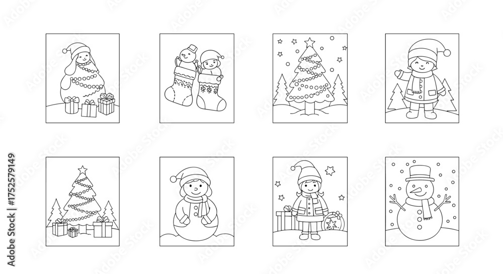 Fototapeta premium A charming collection of festive holiday coloring pages featuring cheerful Christmas characters and winter scenes.