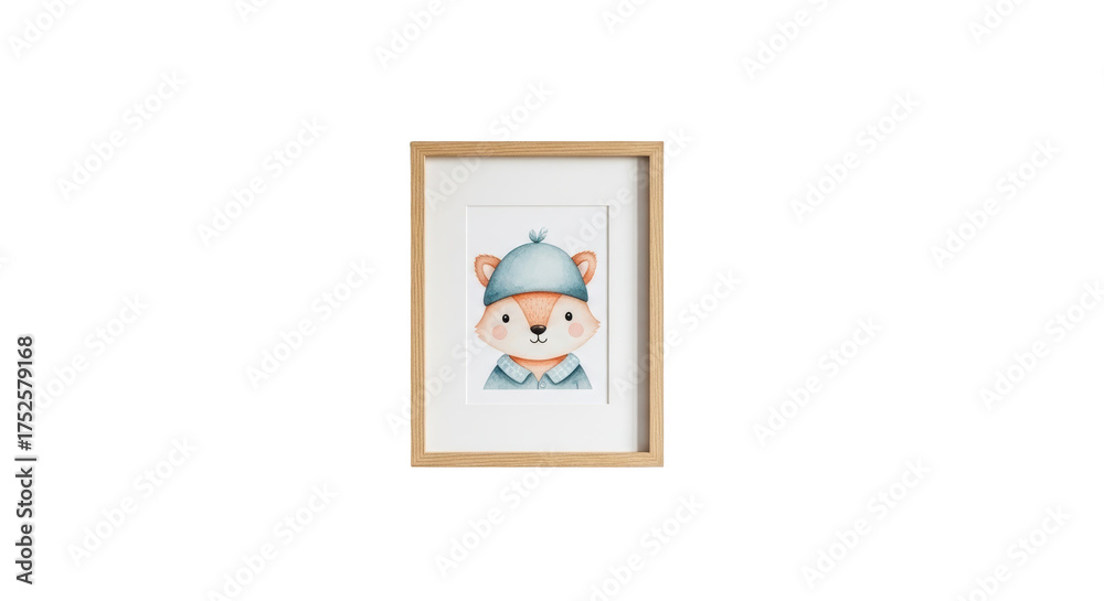 Fototapeta premium Adorable Fox in Wooden Frame Watercolor Print featuring fox, cute, watercolor, painting, art creative concept emphasizing