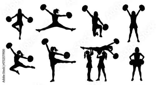 Cheerleader silhouettes set isolated on white background vector illustration