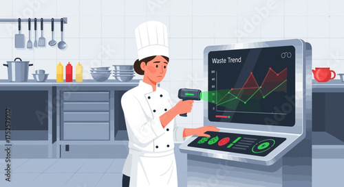 Chef Analyzing Kitchen Waste Trends Using Technological Scanning Device Interface