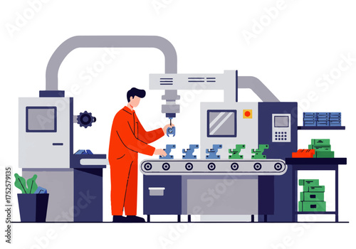 A worker in orange overalls operates an automated manufacturing machine with a conveyor belt and robotic arm in a factory setting.