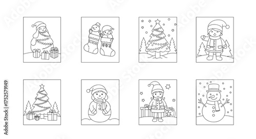 A charming collection of festive holiday coloring pages featuring cheerful Christmas characters and winter scenes.