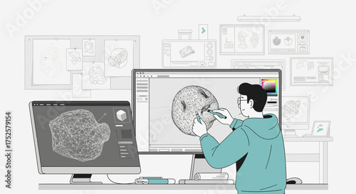 Digital sculptor using specialized software on multiple monitors for intricate 3D design