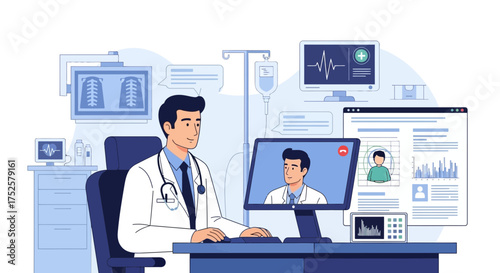 Modern telemedicine illustration showcasing remote doctor consultation and healthcare technology