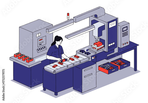 Woman working on an automated assembly line, placing red components onto a conveyor belt for further processing by a robotic arm.
