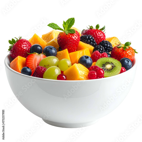 Fresh fruit salad in a white bowl with strawberries, blueberries, grapes, and kiwi.