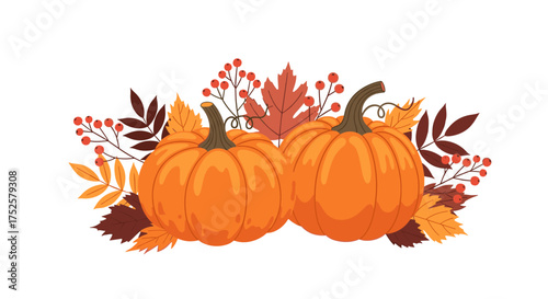 Two plump pumpkins nestled amongst colorful autumn leaves and berries signaling the harvest season.