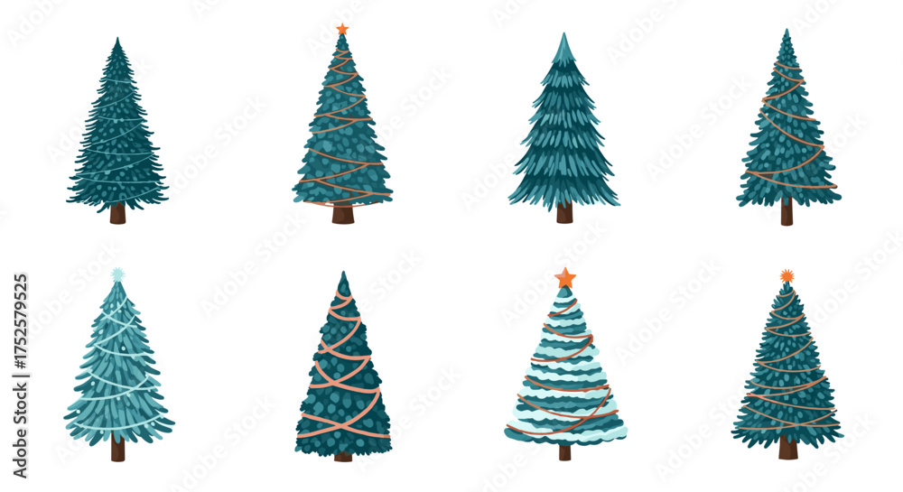 Obraz premium A collection of eight diverse beautifully decorated Christmas trees with festive embellishments for holiday celebrations.