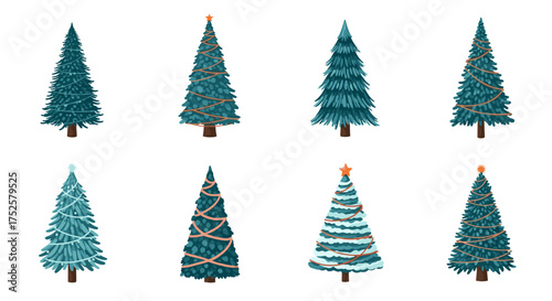 A collection of eight diverse beautifully decorated Christmas trees with festive embellishments for holiday celebrations.