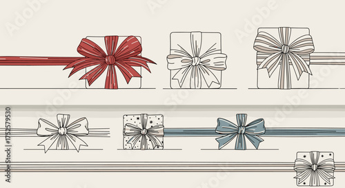 A collection of hand drawn gift boxes tied with elegant bows.